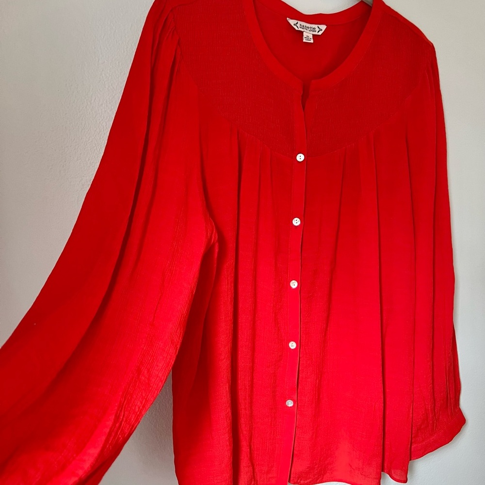 Nanette Lepore Vibrant Holiday Red Button Up Boho Blouse Top Unique Collar XL - Picture 5 of 8